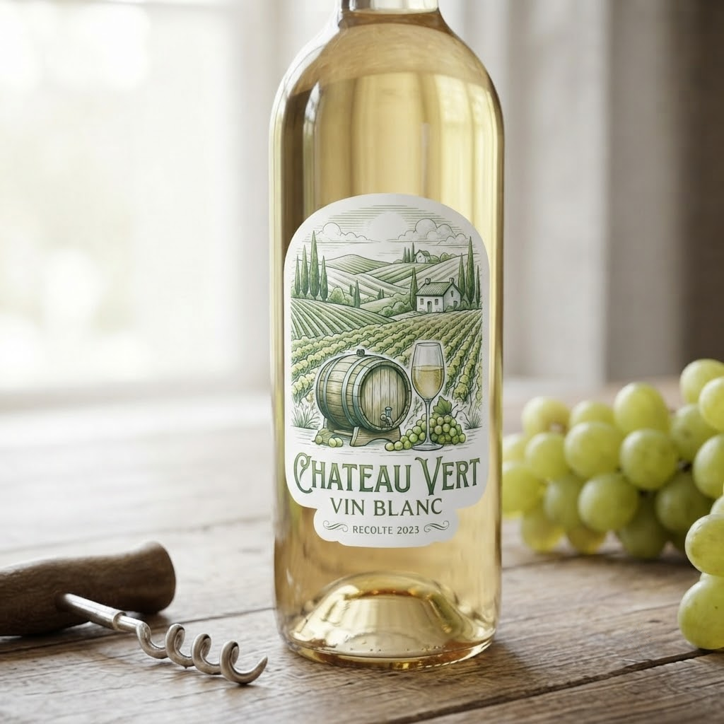 Custom white wine label design with a vineyard illustration in green and white tones, elegant botanical aesthetic for wine bottles.