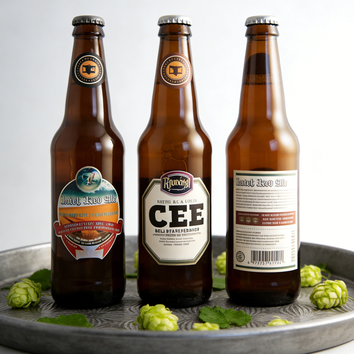 Three bottles of beer on a tray with hops, featuring labels from different breweries.