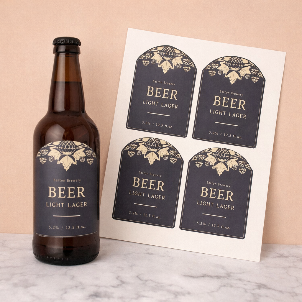 Bottle of beer with decorative labels and a sheet of additional labels on a marble surface.