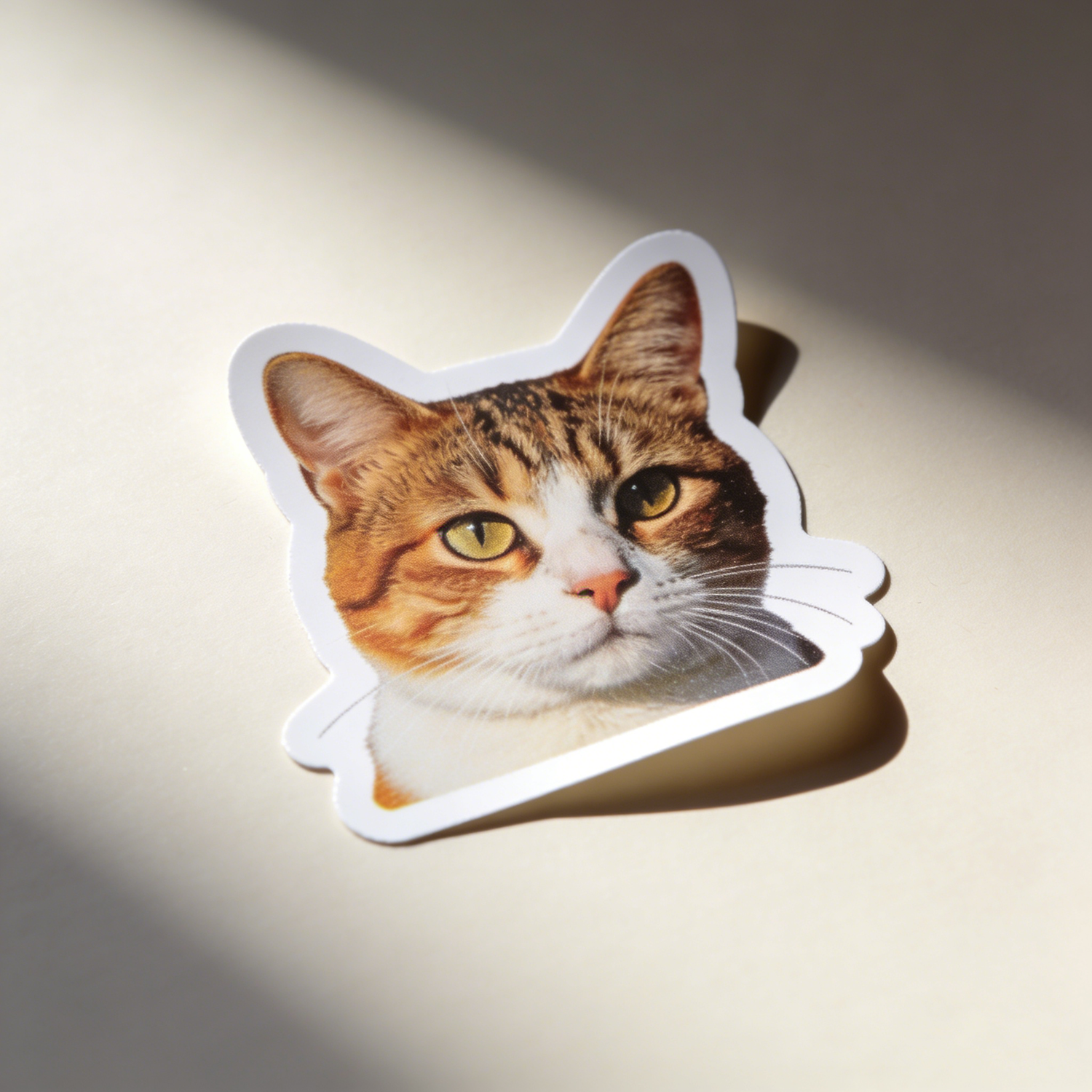 Cat-shaped cutout custom pet stickers on a beige background