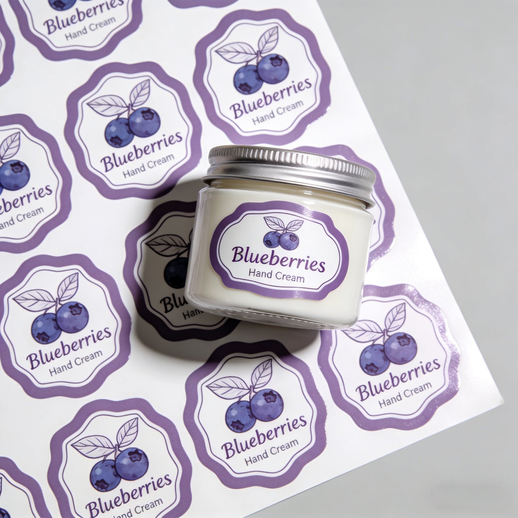 custom die cut sheet labels for packaging with blueberry hand cream labels on sheets