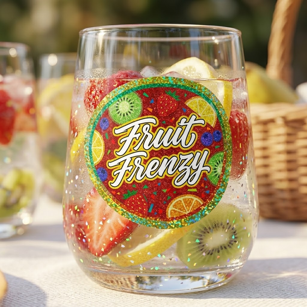 A custom fruit glitter vinyl label applied on a clear glass of iced fruit soda, demonstrating vibrant colors with a translucent sparkling glow.