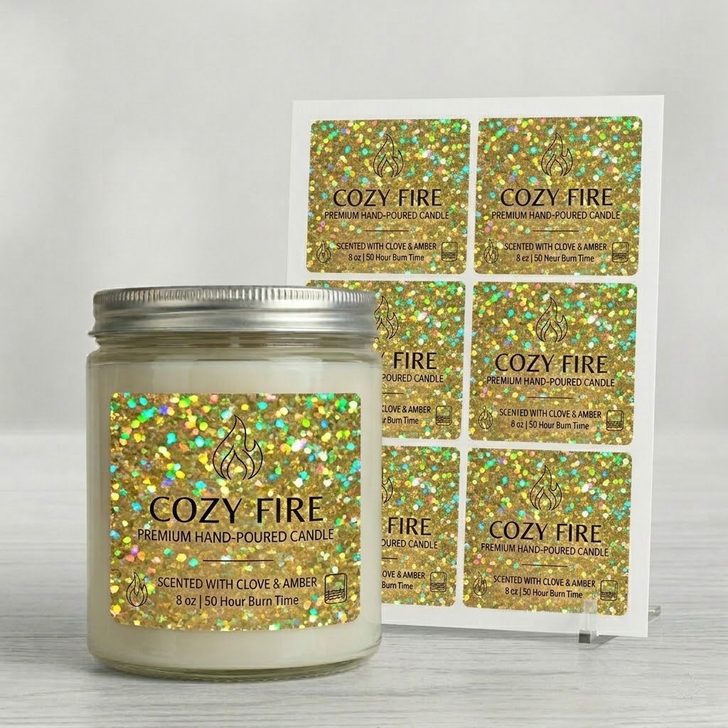 Custom glitter labels on a glass of candle jar along with a glitter sheet , showcasing a translucent sparkling glow that shifts under different light angles.