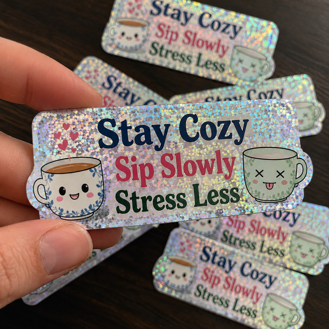 Premium holographic glitter sticker with the text "Stay Cozy, Sip Slowly, Stress Less" featuring cute coffee cup illustrations on a sparkling glitter background.
