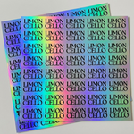 A sheet of custom holographic vinyl stickers with bold typography, displaying a vibrant neon color-shifting sheen for product packaging.