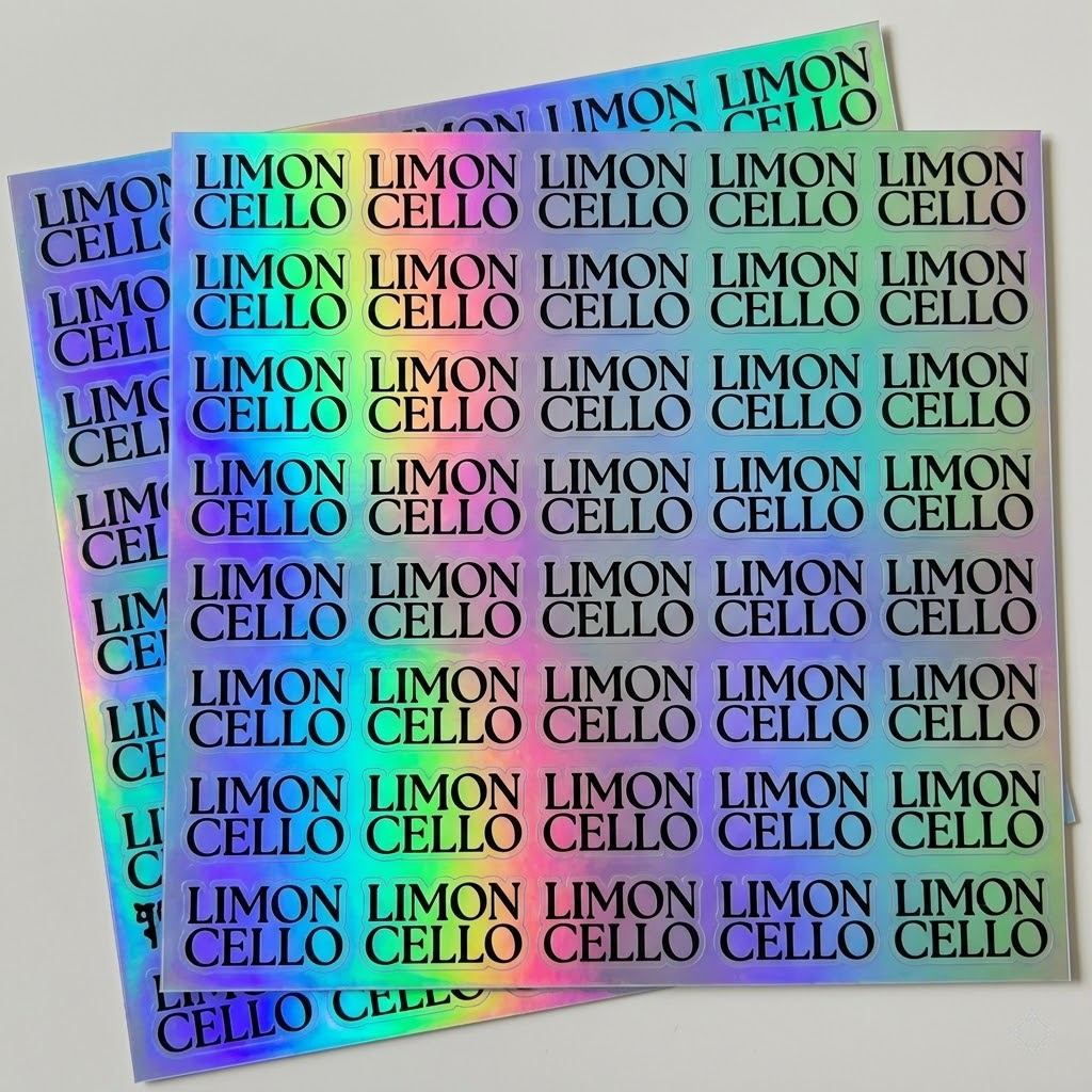 A sheet of custom holographic vinyl stickers with bold typography, displaying a vibrant neon color-shifting sheen for product packaging.