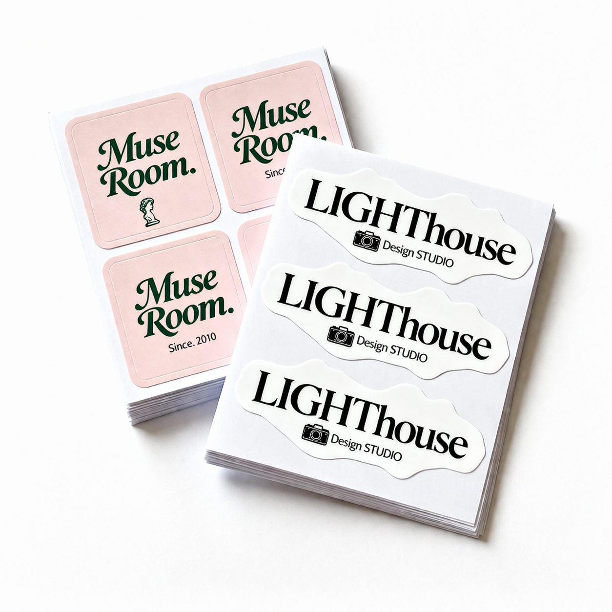 custom labels with 'Muse Room' and 'Lighthouse Design Studio' text on a white background