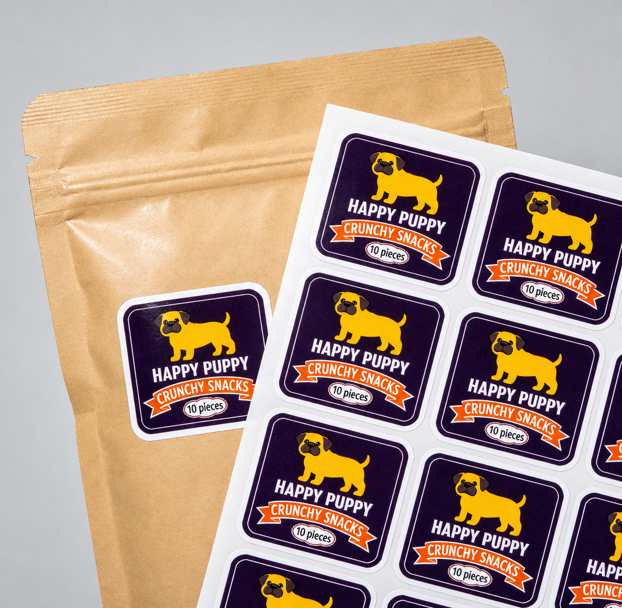 Happy Puppy Crunchy Snacks packaging with labels on a gray background