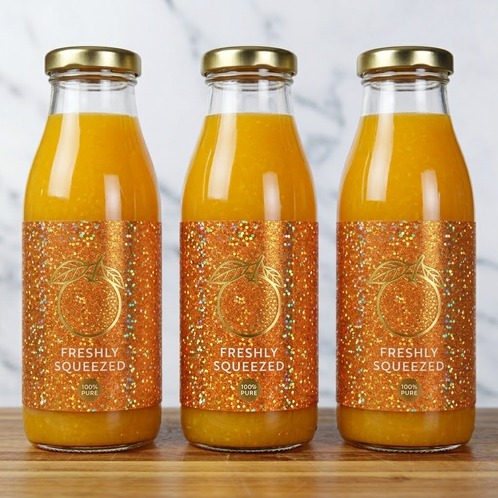 Three glass bottles of fresh orange juice with custom orange glitter labels, showcasing waterproof glitter labels for cold beverages and juice packaging.