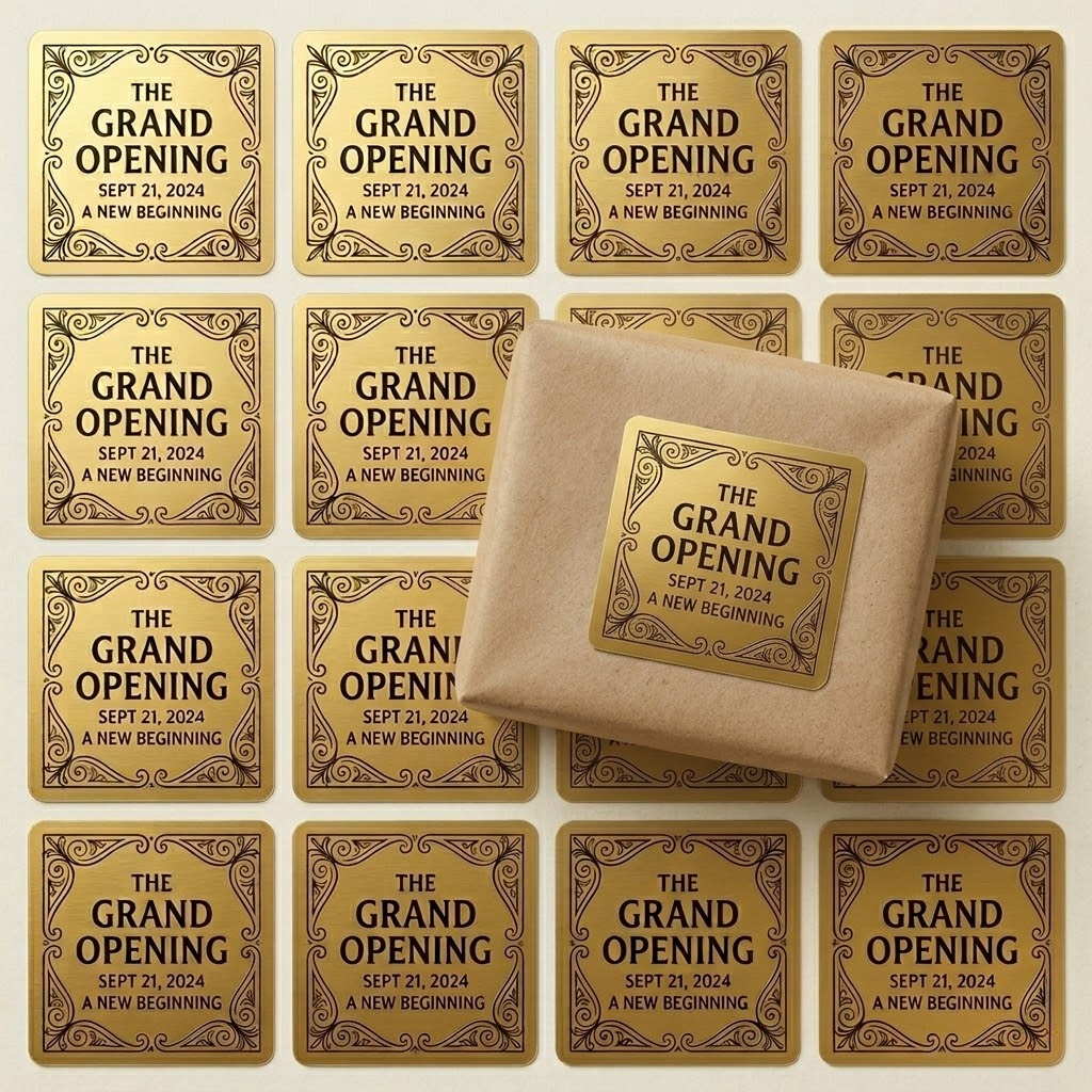 A sheet of precision die-cut gold stickers with an easy-peel backing, displaying custom printed gold foil labels for gift packaging and grand opening events.