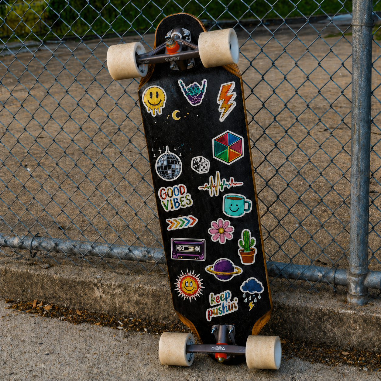 A detailed longboard skateboard covered in retro skateboard stickers, leaning against a metal fence.