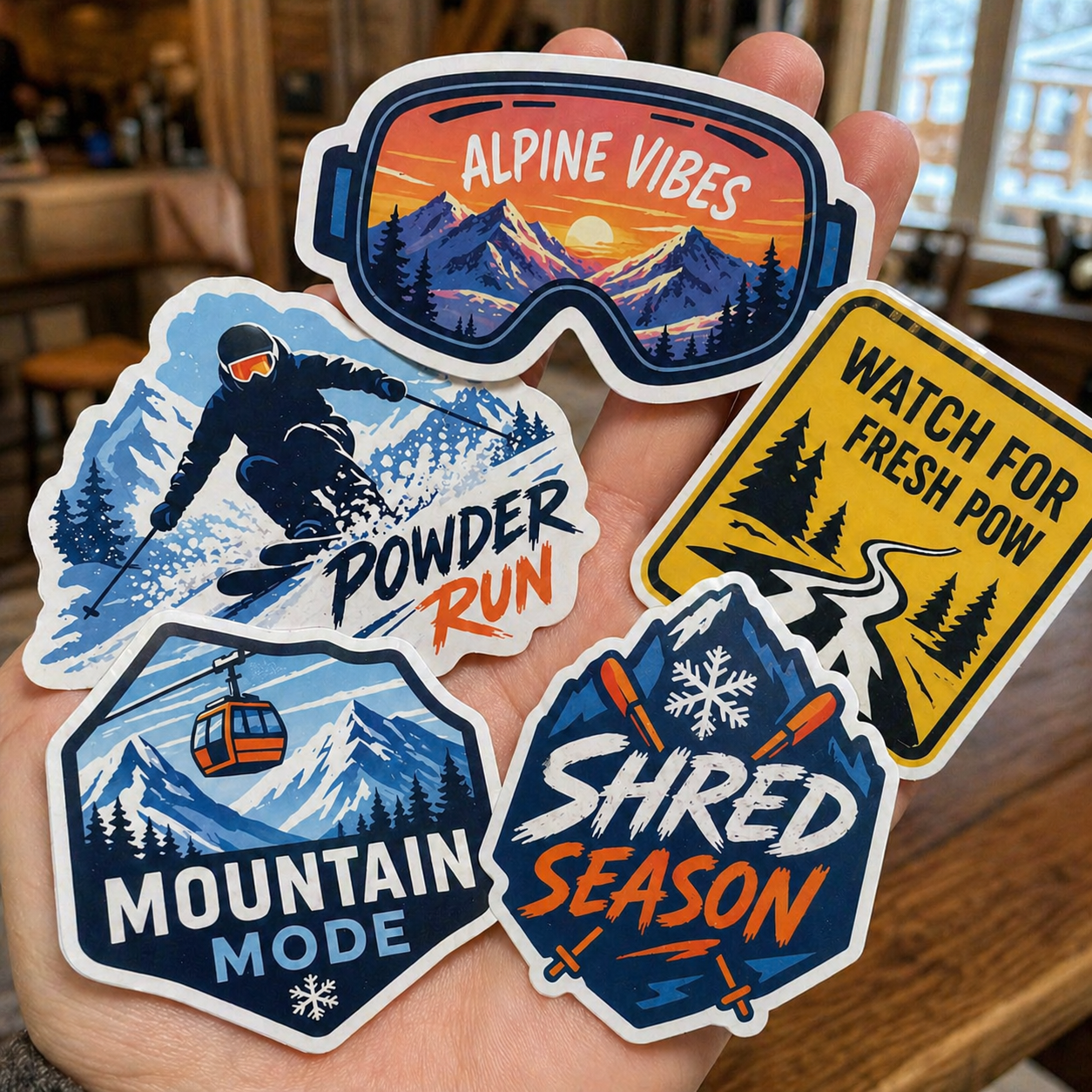 A hand holding a snowboard sticker bundle featuring retro mountain badges and alpine-themed slogans.