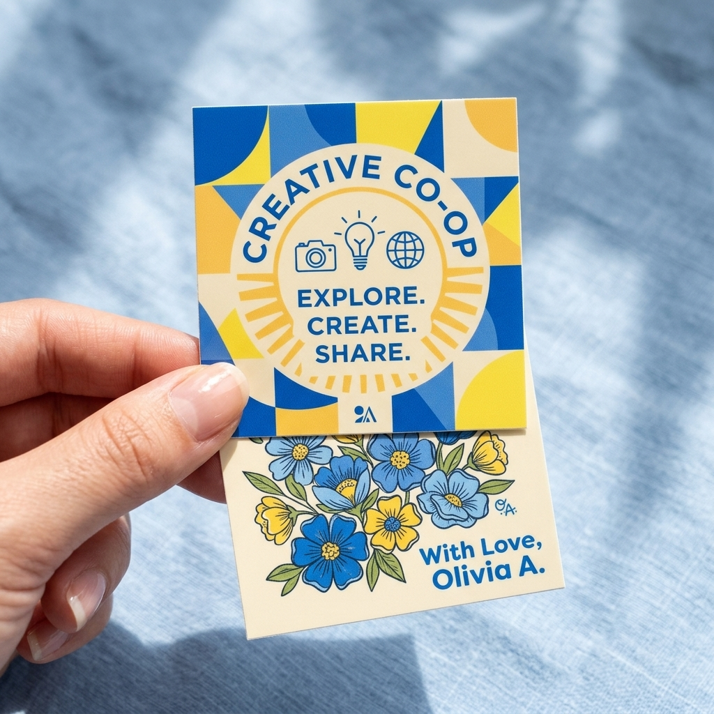 Hand holding a colorful custom vinyl sticker with 'Creative Co-op' branding and floral design on a blue fabric background.