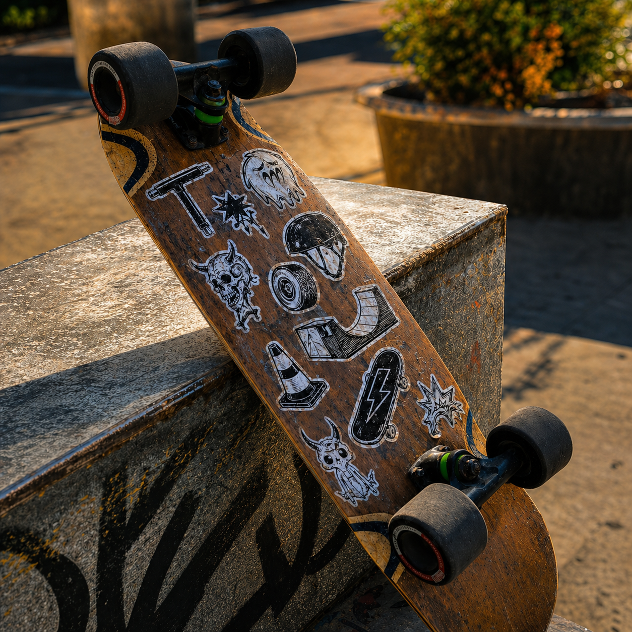 A close-up view of a customized skateboard featuring skate decals in an outdoor setting.