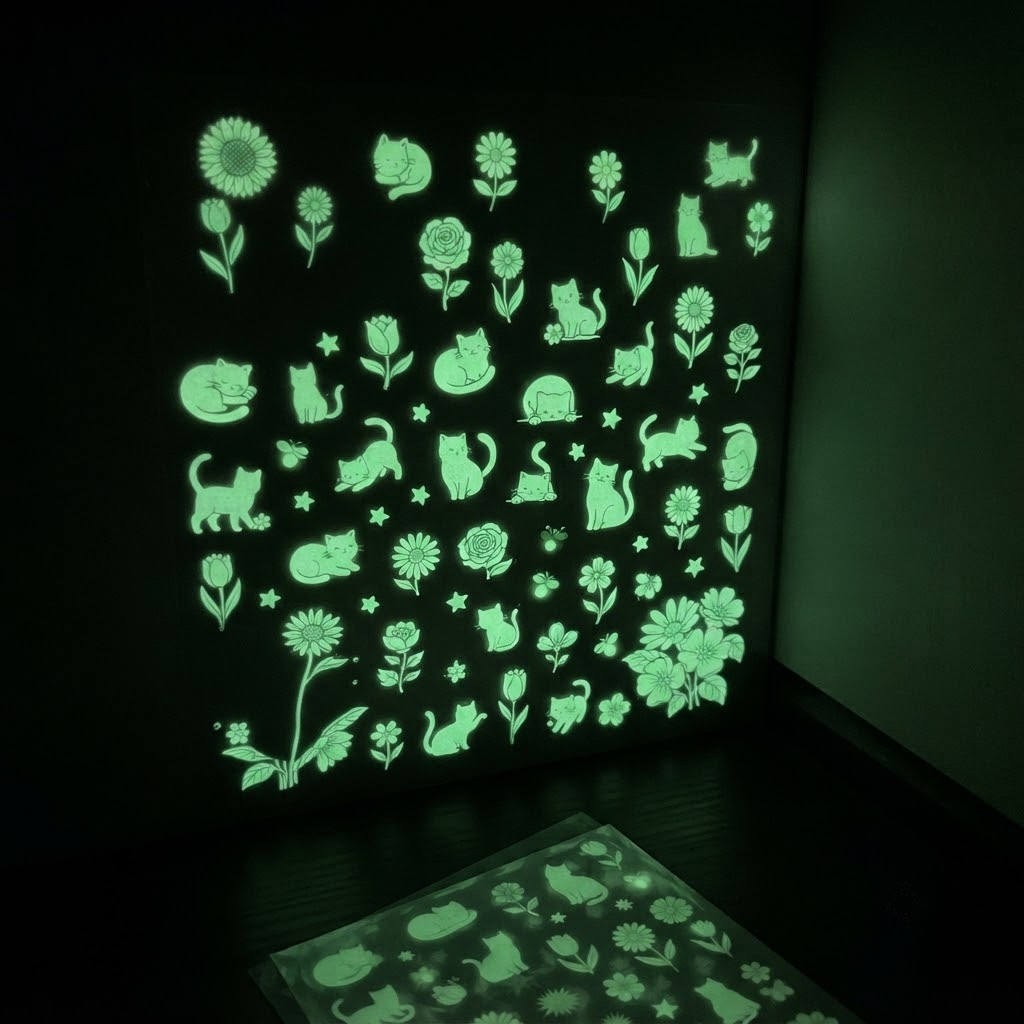 Glow-in-the-dark wall decals featuring cute cat and flower designs, shown illuminated on a black background with a second sheet visible in the foreground.