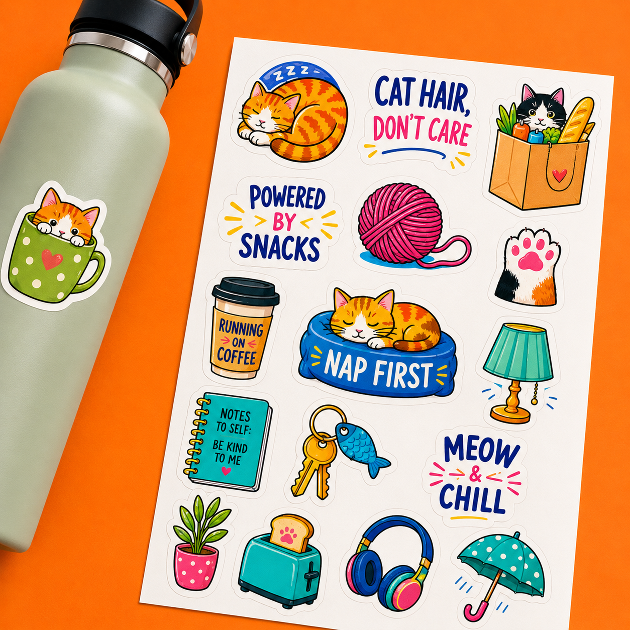 Premium macro product photography of a cute cat and lifestyle vinyl sticker sheet featuring funny quotes, sleeping kittens, and coffee decals, placed on a vibrant orange background next to an insulated water bottle, shot in natural daylight.