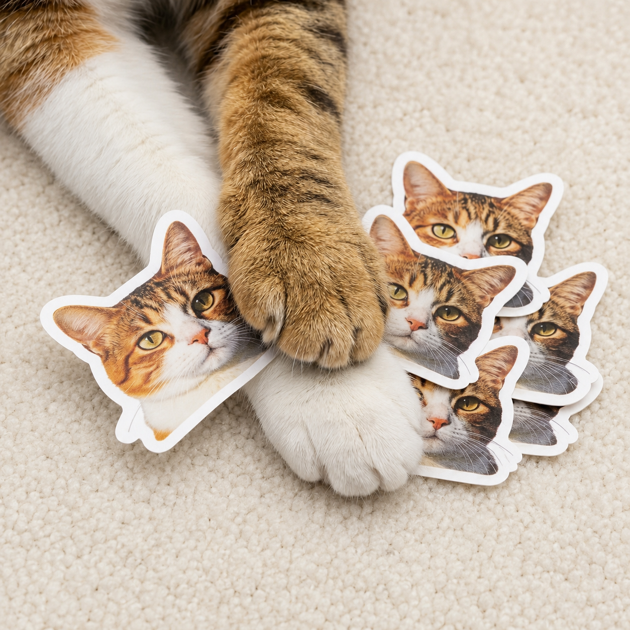 A cat’s front paws resting on cat-shaped stickers featuring cat faces on a beige carpet background.