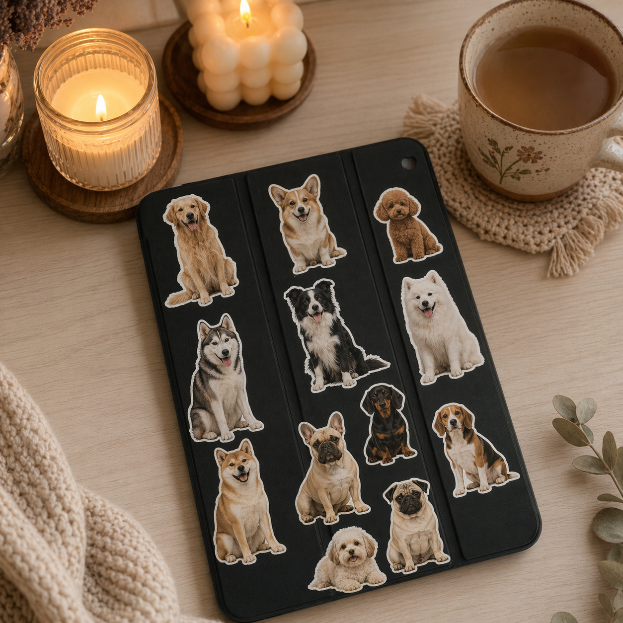 cute dog stickers on a table with candles and a cup of tea.