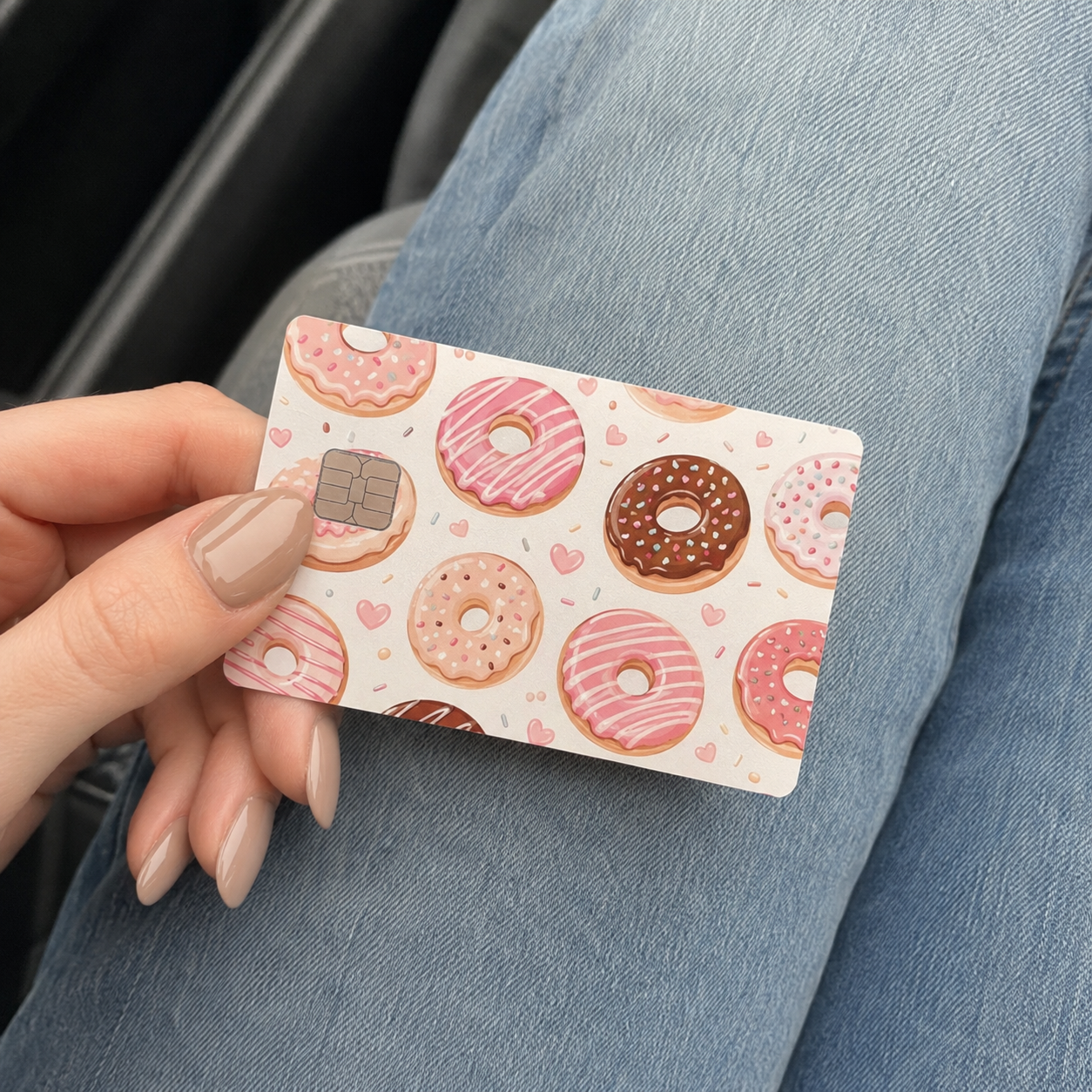 Hand holding a cute donuts debit card skin featuring sweet glazed pastry patterns, a fun credit card cover and decal.