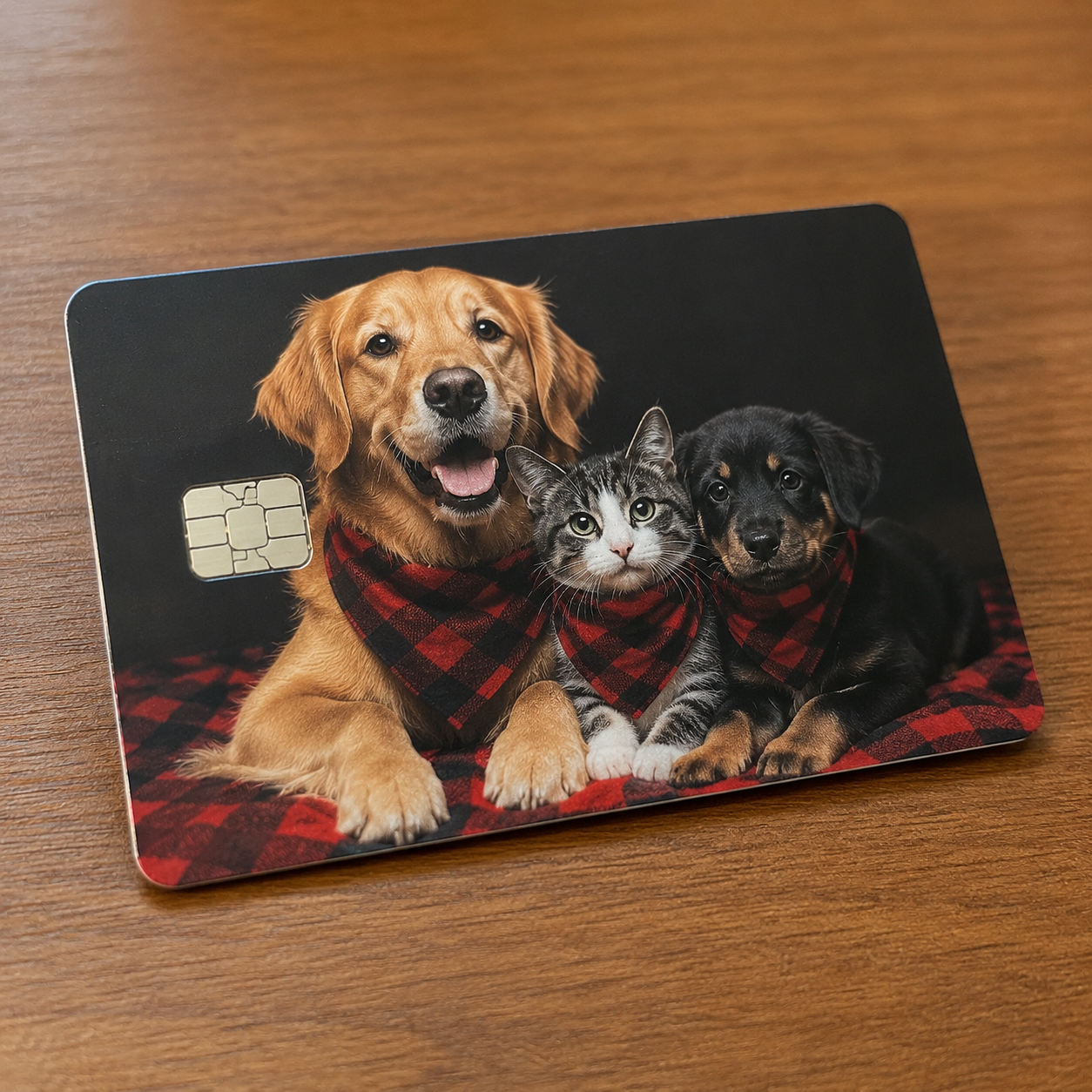 Cute pets credit card sticker featuring a dog and cat with red plaid bandanas, a fun debit card skin and cover.
