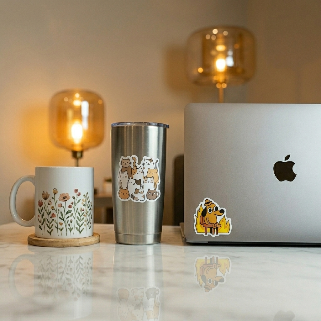Mug, tumbler, and laptop with waterproof stickers on a table with warm lighting