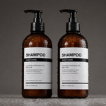 Custom waterproof labels for packaging featuring daily care shampoo designs on wet amber pump bottles.