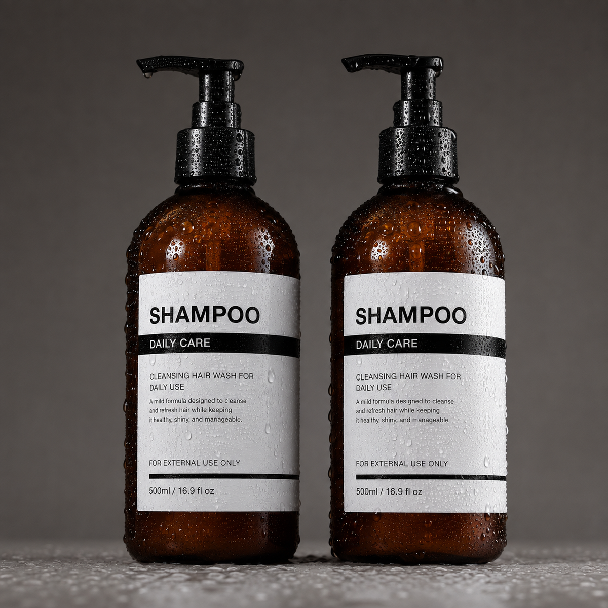Custom waterproof labels for packaging featuring daily care shampoo designs on wet amber pump bottles.