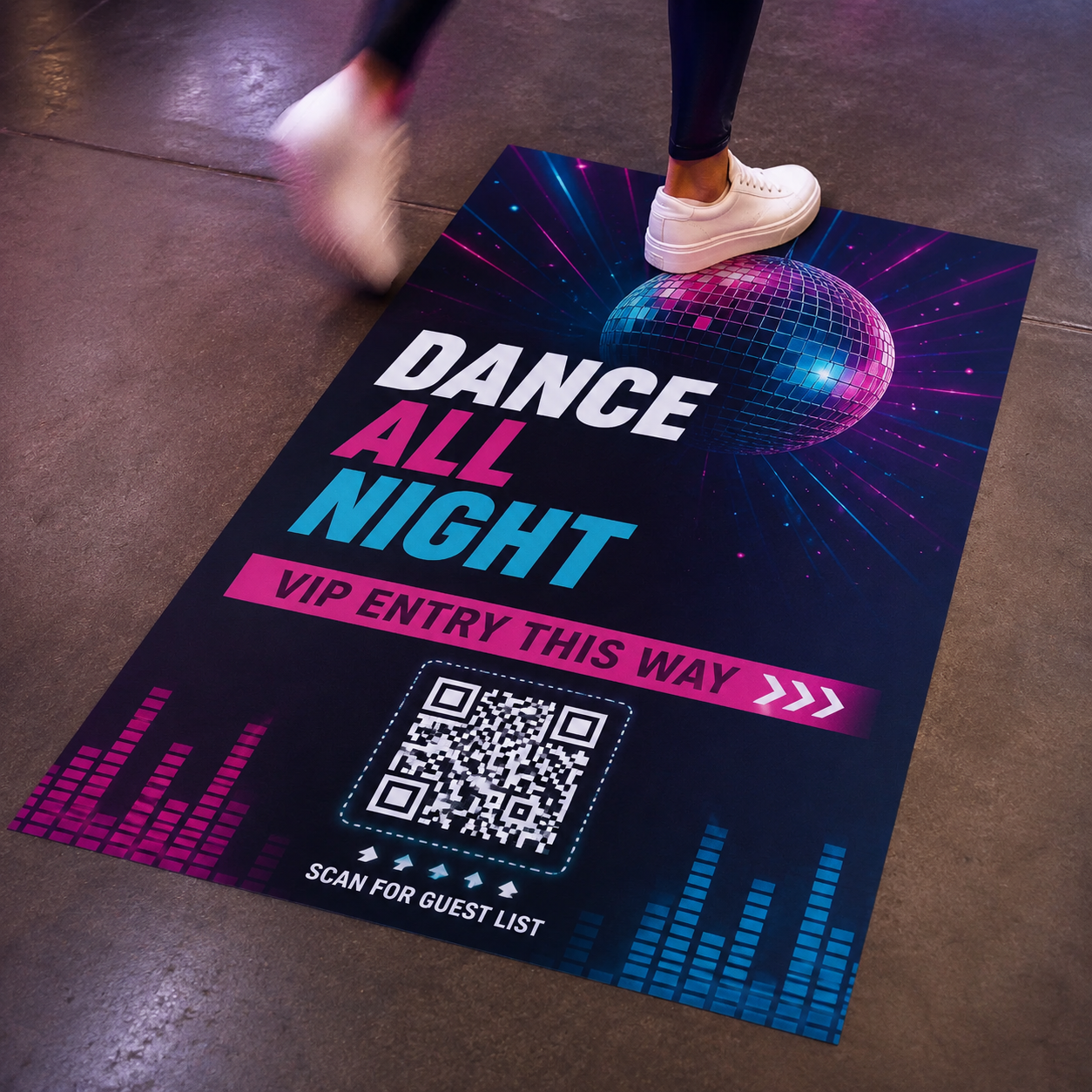 Vibrant neon-themed floor graphic with a disco ball, "Dance All Night" text, and a QR code for a VIP guest list, shown in a club environment with a person stepping on it.