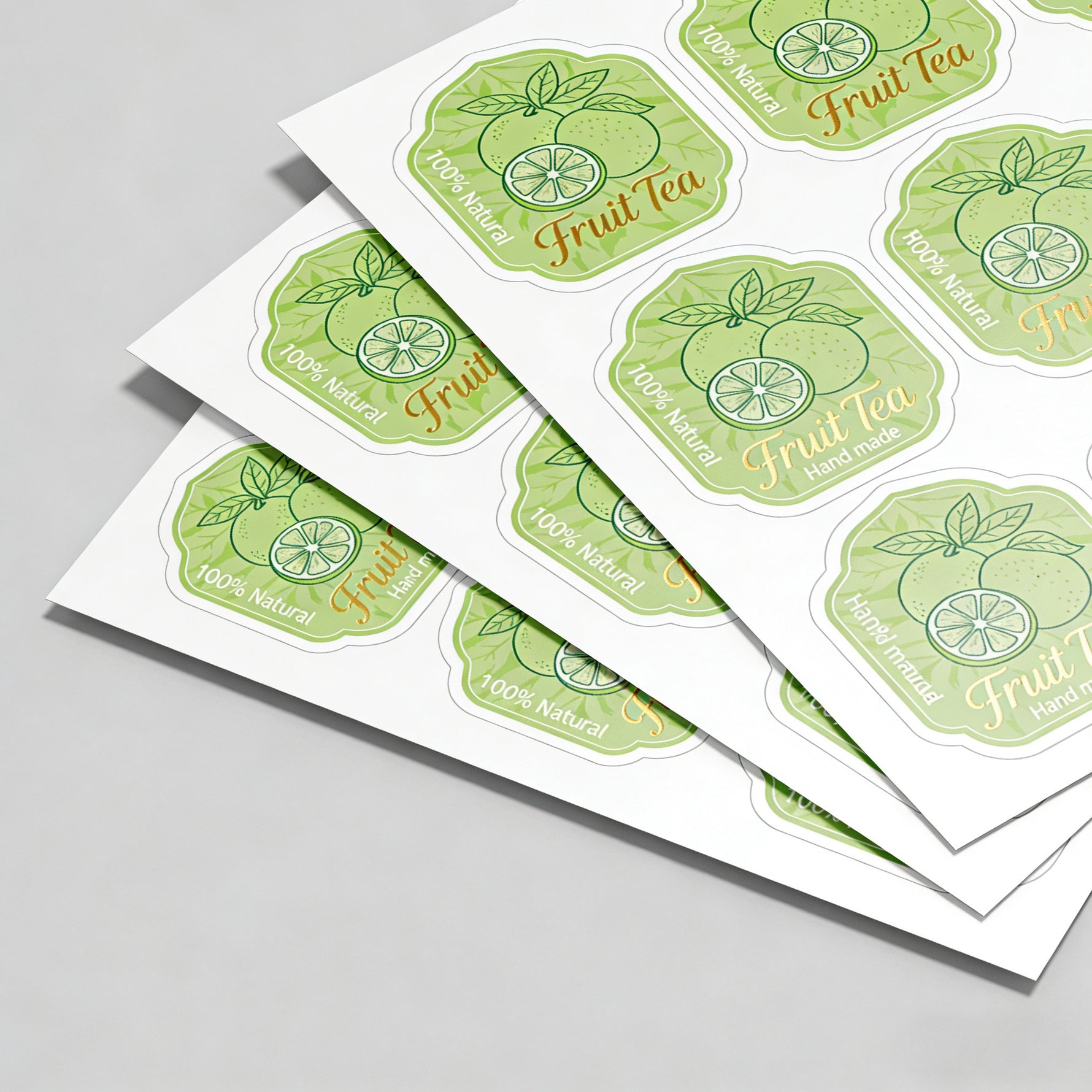 die cut sheet labels on sheets with custom shaped stickers for fruit tea product packaging and branding