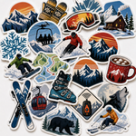 A diverse snowboard sticker pack showcasing ski boots, cable cars, skiers, and winter elements.