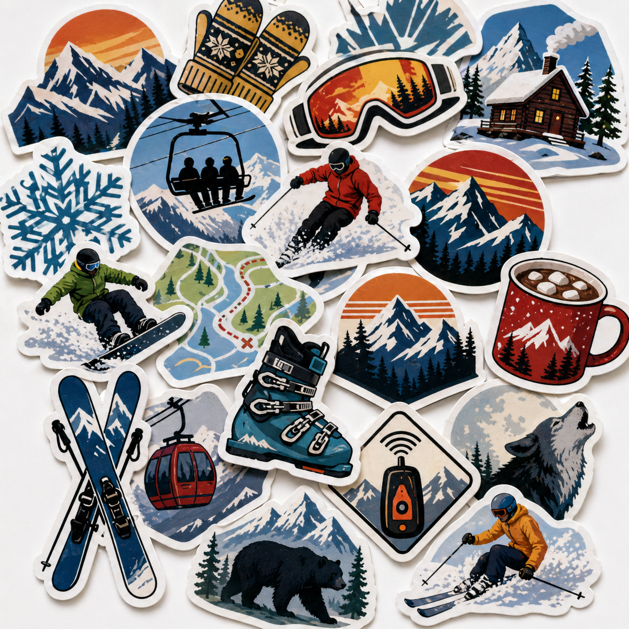 A diverse snowboard sticker pack showcasing ski boots, cable cars, skiers, and winter elements.