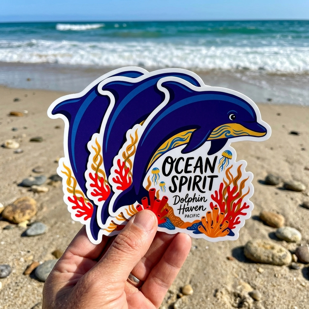 Vinyl Sticker with dolphins and 'Ocean Spirit Dolphin Haven Pacific' text held over a beach.