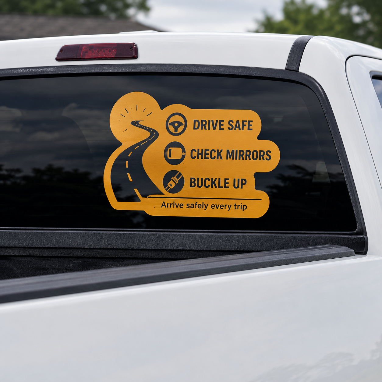 Yellow vinyl truck window decal featuring drive safe, check mirrors, and buckle up safety reminders with icons.
