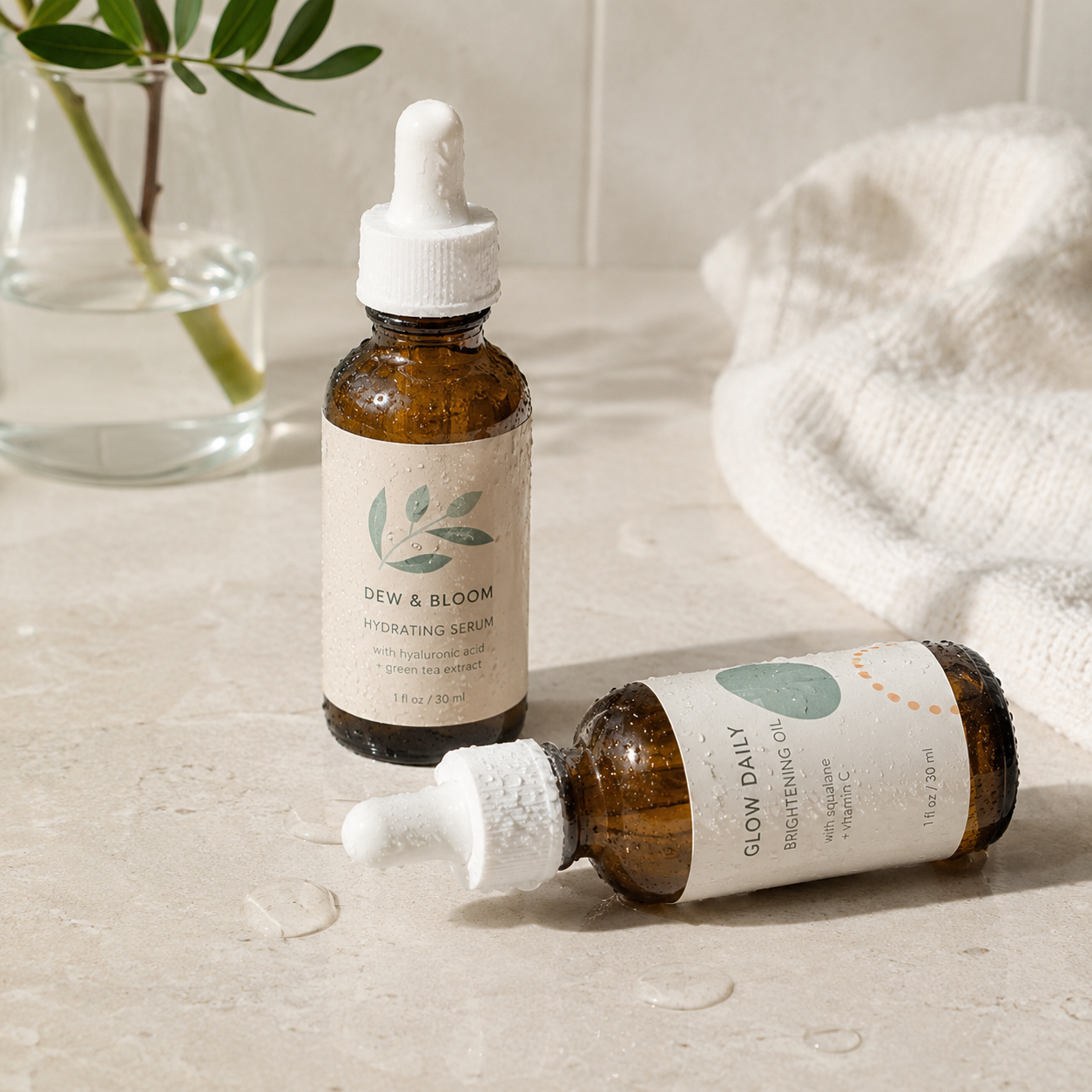High-quality matte finish waterproof labels applied to amber glass serum bottles, demonstrating low-tack adhesive that leaves zero residue upon removal.