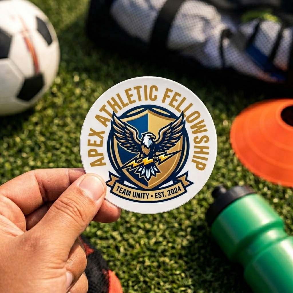 Custom sports team stickers showing a round eagle crest logo held over a green soccer field with sports equipment.