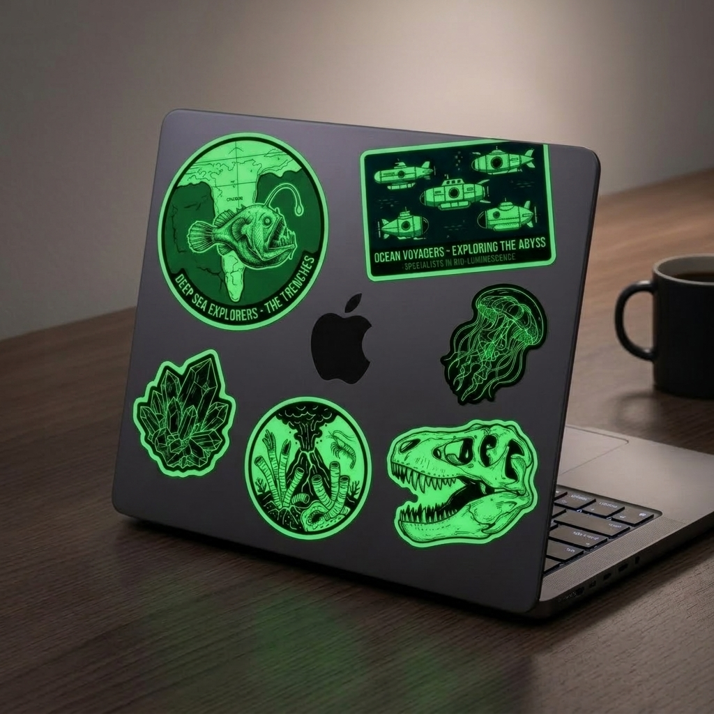 Ecosystem-themed custom glow in the dark stickers displayed on a laptop in a dimly lit setting. For a brighter effect, UV light can help charge the material more efficiently