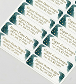 Sheet of personalized return address labels featuring Elegant Home Designs with gold and teal watercolor.