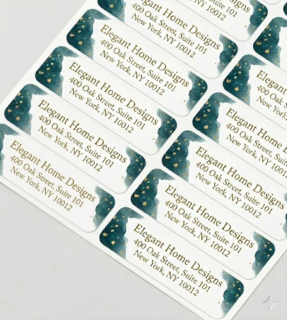 Sheet of personalized return address labels featuring Elegant Home Designs with gold and teal watercolor.