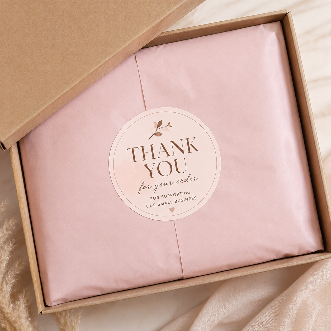 Minimal beige thank you sticker sealing pink tissue paper inside a kraft gift box.