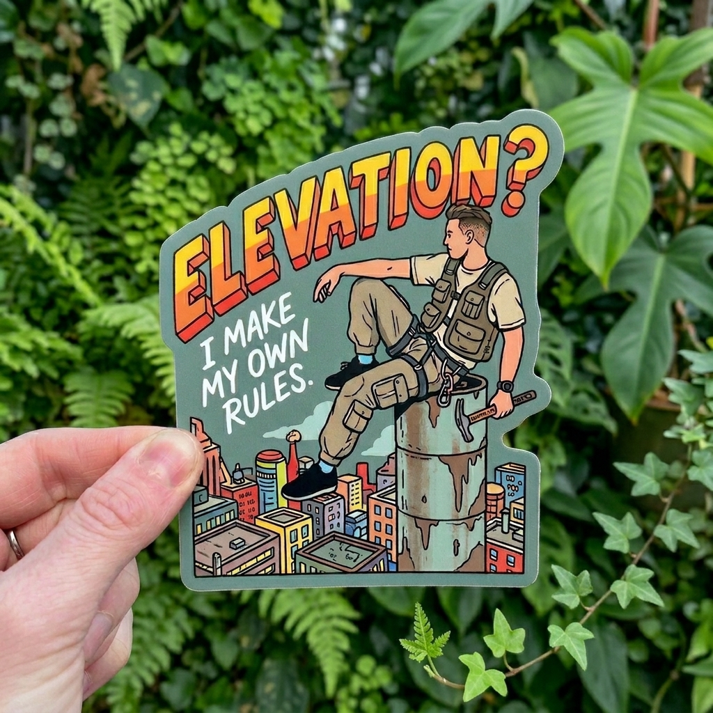 A hand holding a custom die-cut vinyl sticker with a matte finish. The illustration features a man in tactical gear sitting on a high pillar above a city, with bold text reading ELEVATION? I MAKE MY OWN RULES, set against a green fern background.