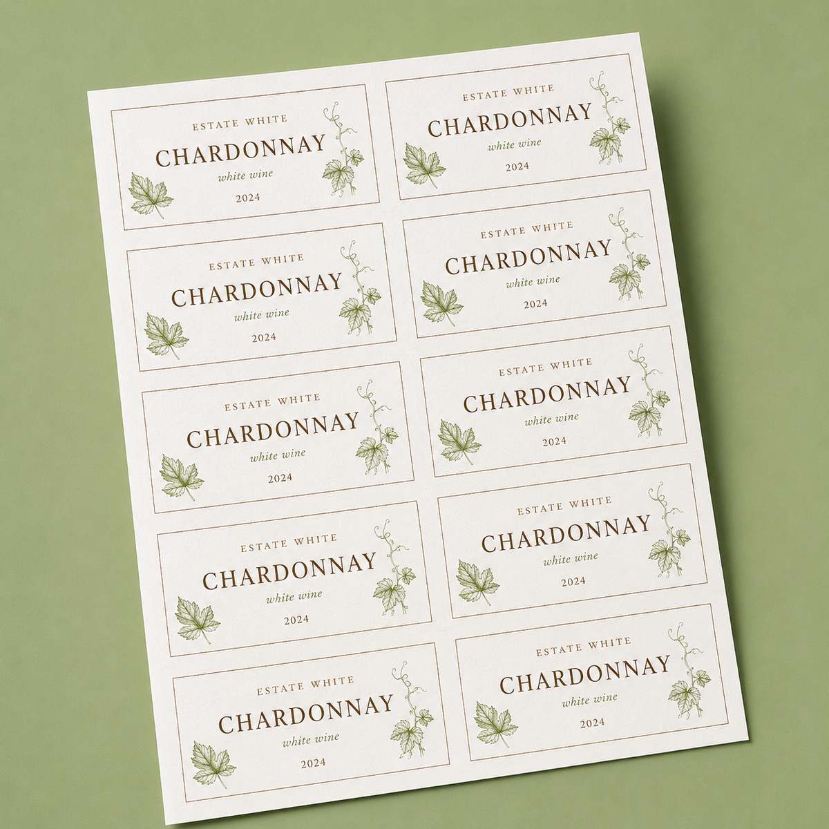 Custom printed rectangle labels featuring a chic Chardonnay estate white wine design on a sticker sheet.