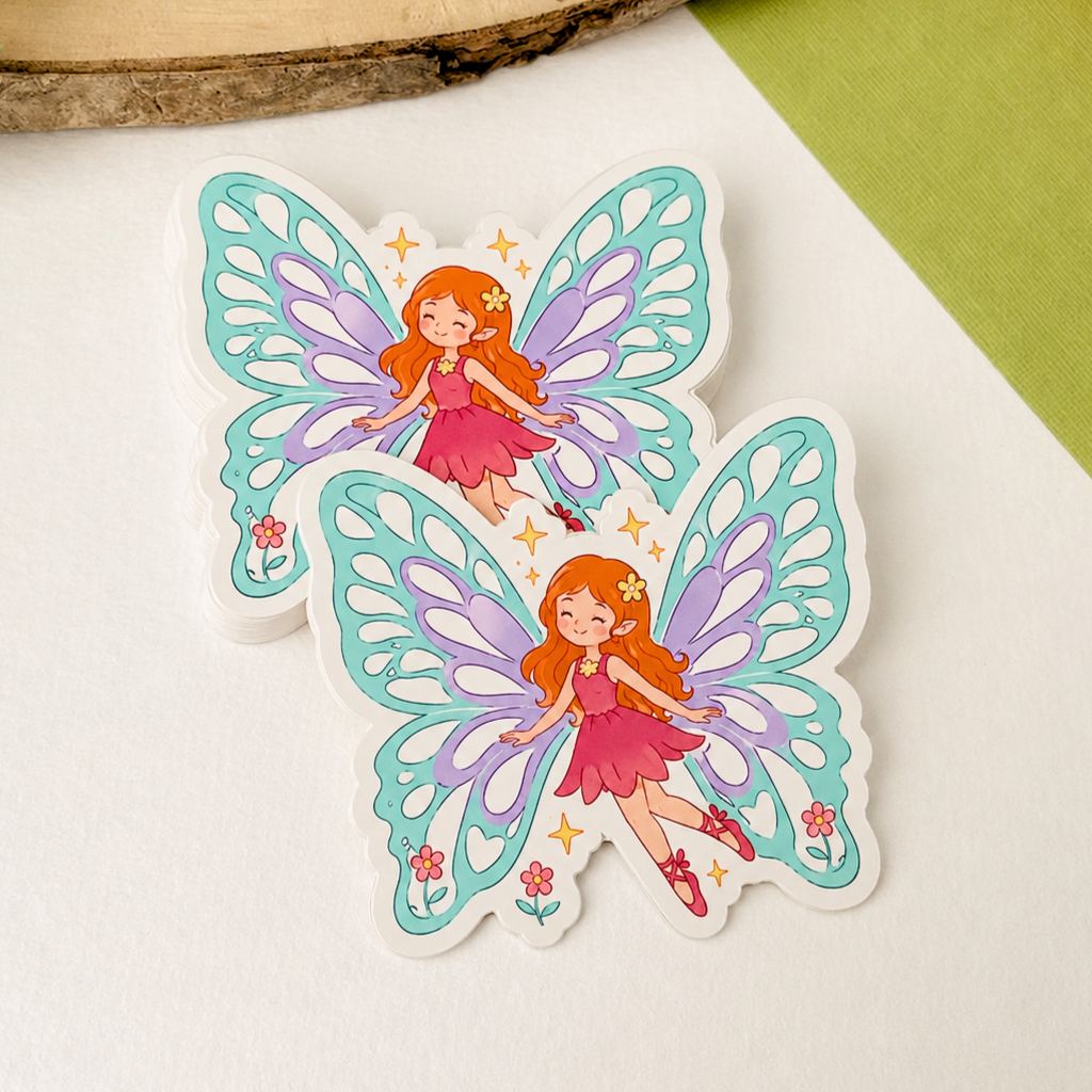 Stack of fairy butterfly artist stickers with colorful wings and white die cut borders