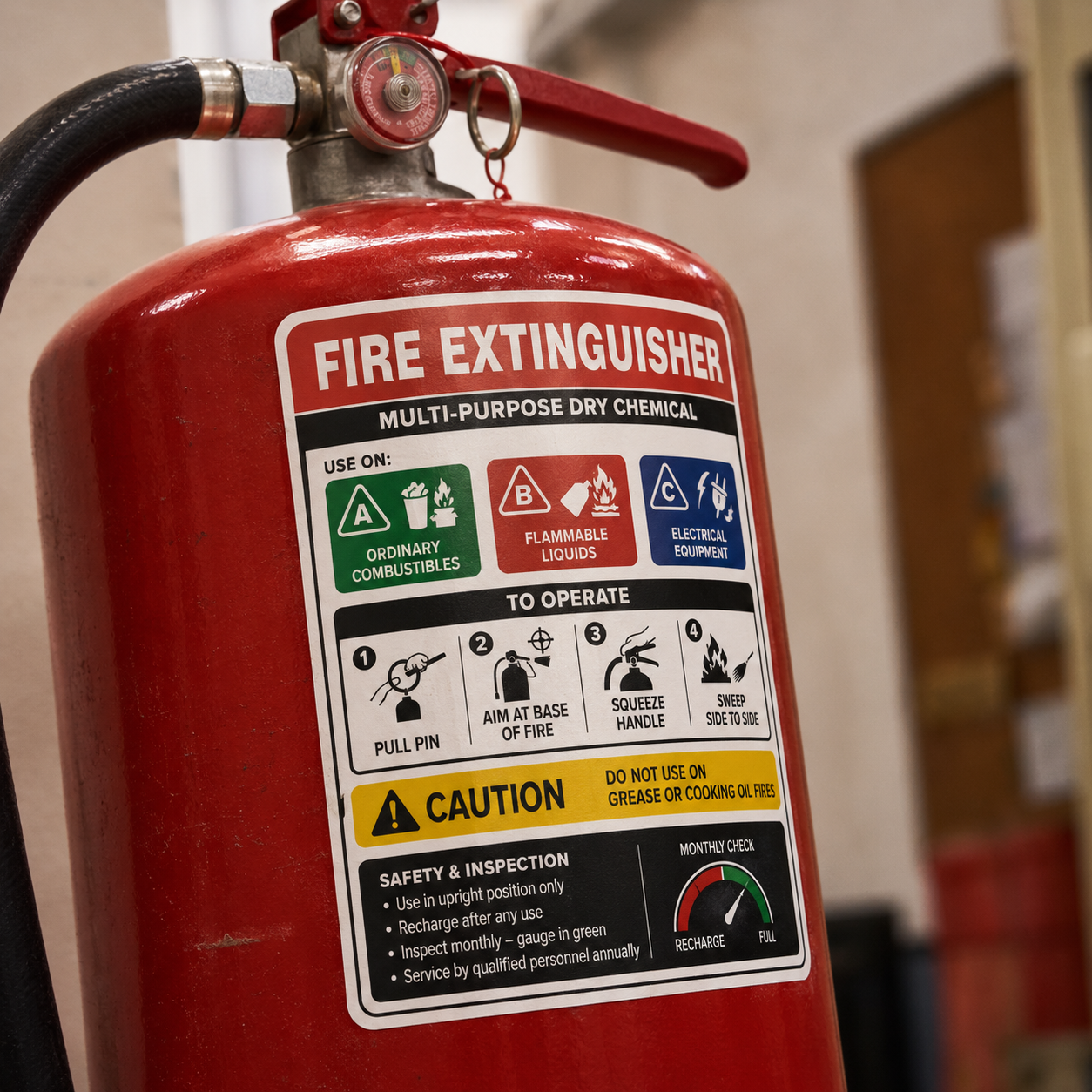 Close-up of a permanent vinyl safety label on a red fire extinguisher, showing clear operating instructions and safety classifications for industrial use.