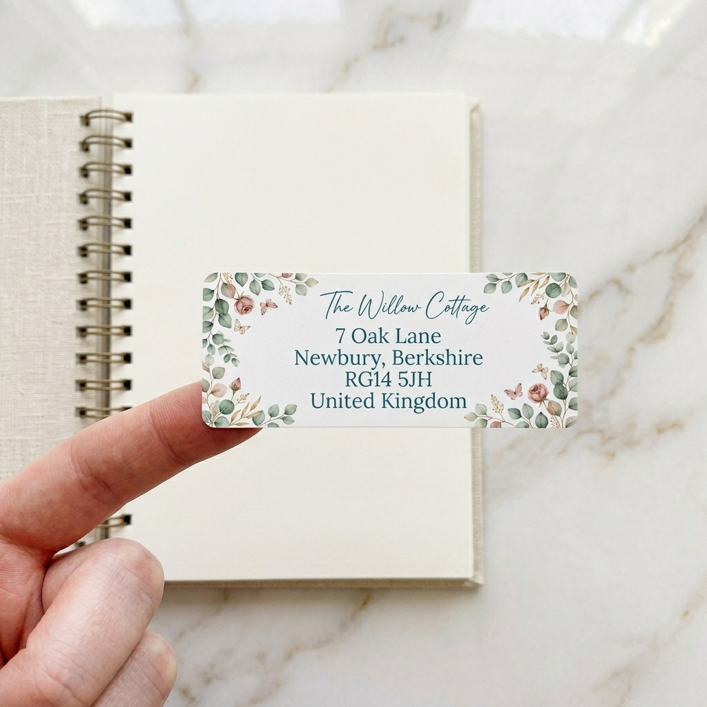 A hand holding a personalized address label with a delicate eucalyptus and rose floral border design against a notebook background.