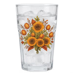 Clear glass with floral design clear sticker filled with water and ice on a white background