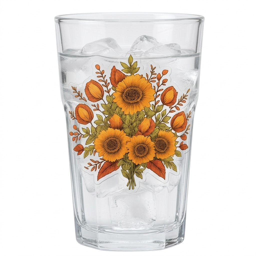 Clear glass with floral design clear sticker filled with water and ice on a white background