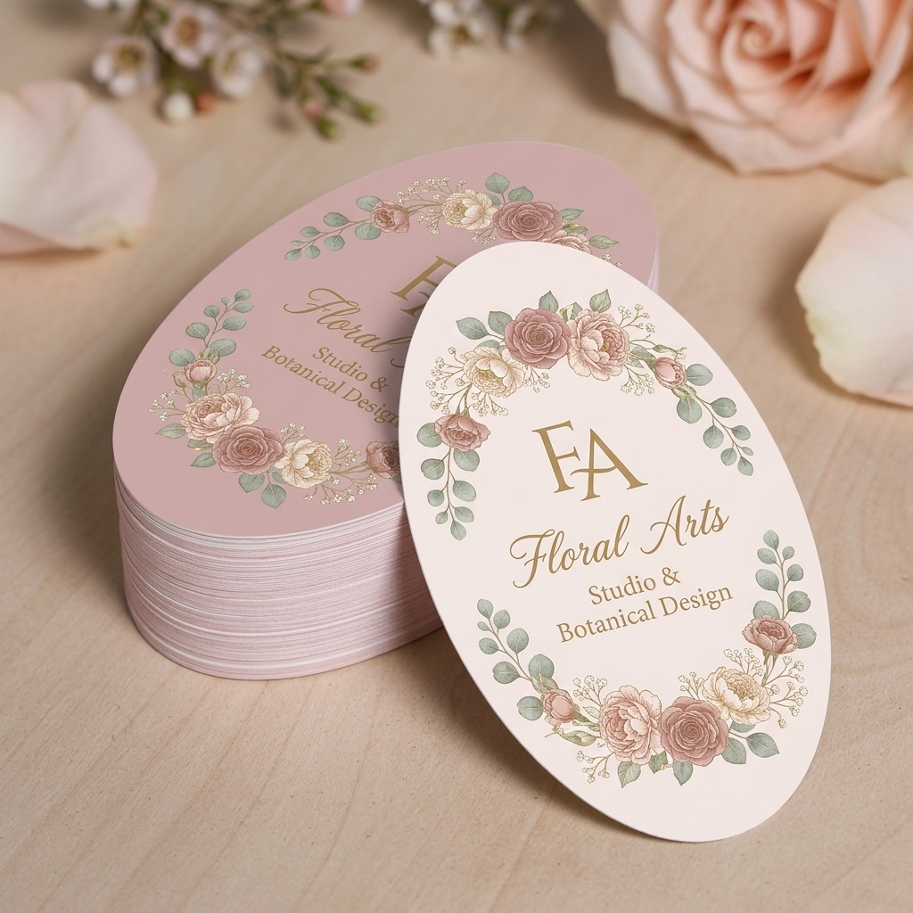 Oval-shaped custom stickers of business cards with floral designs and branding on a wooden surface