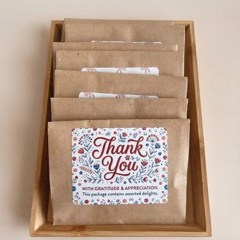 loral thank you sticker sealing kraft paper pouches arranged in a wooden tray.