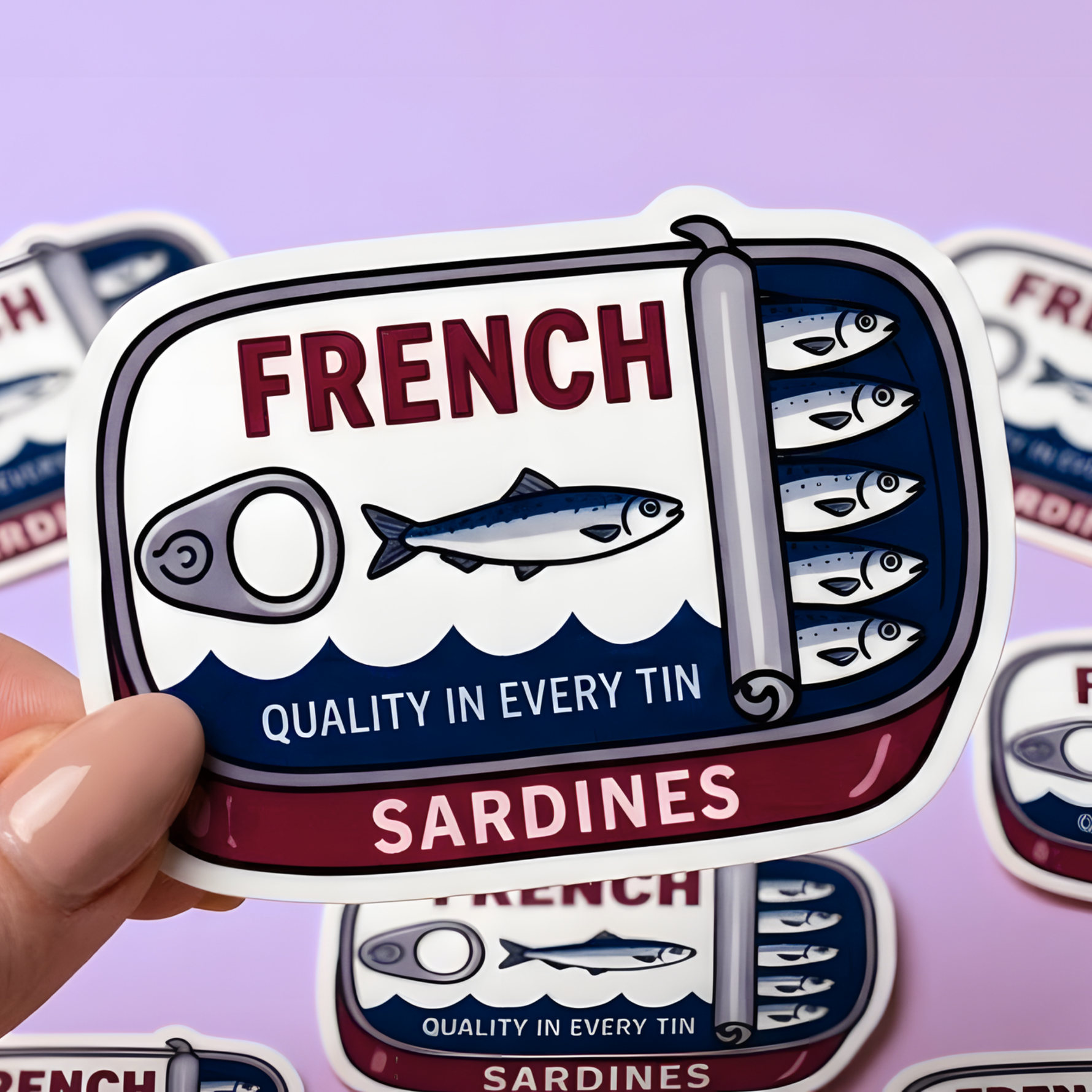Hand holding a die-cut vinyl sticker featuring a vintage-style French sardines tin design, minimalist illustration on a soft purple background.