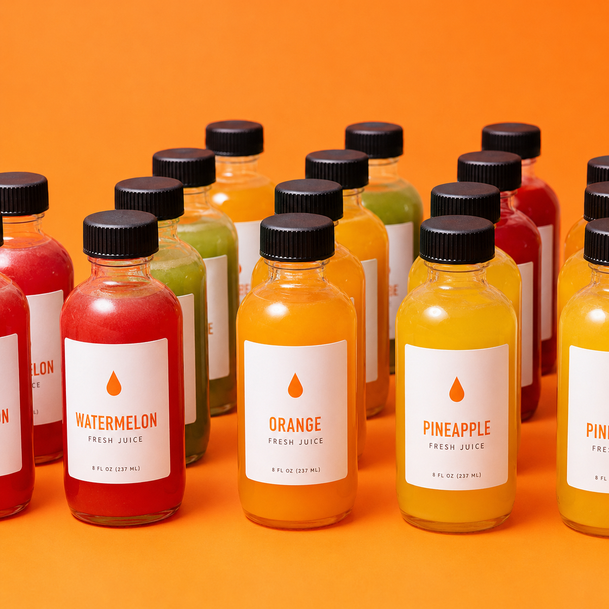 Custom waterproof labels for packaging featuring fruit juice designs applied on rows of colorful bottled beverages.